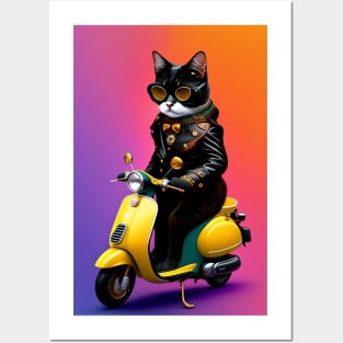 Funny cute cat drive motorcyrcle graphic design artwork Posters and Art